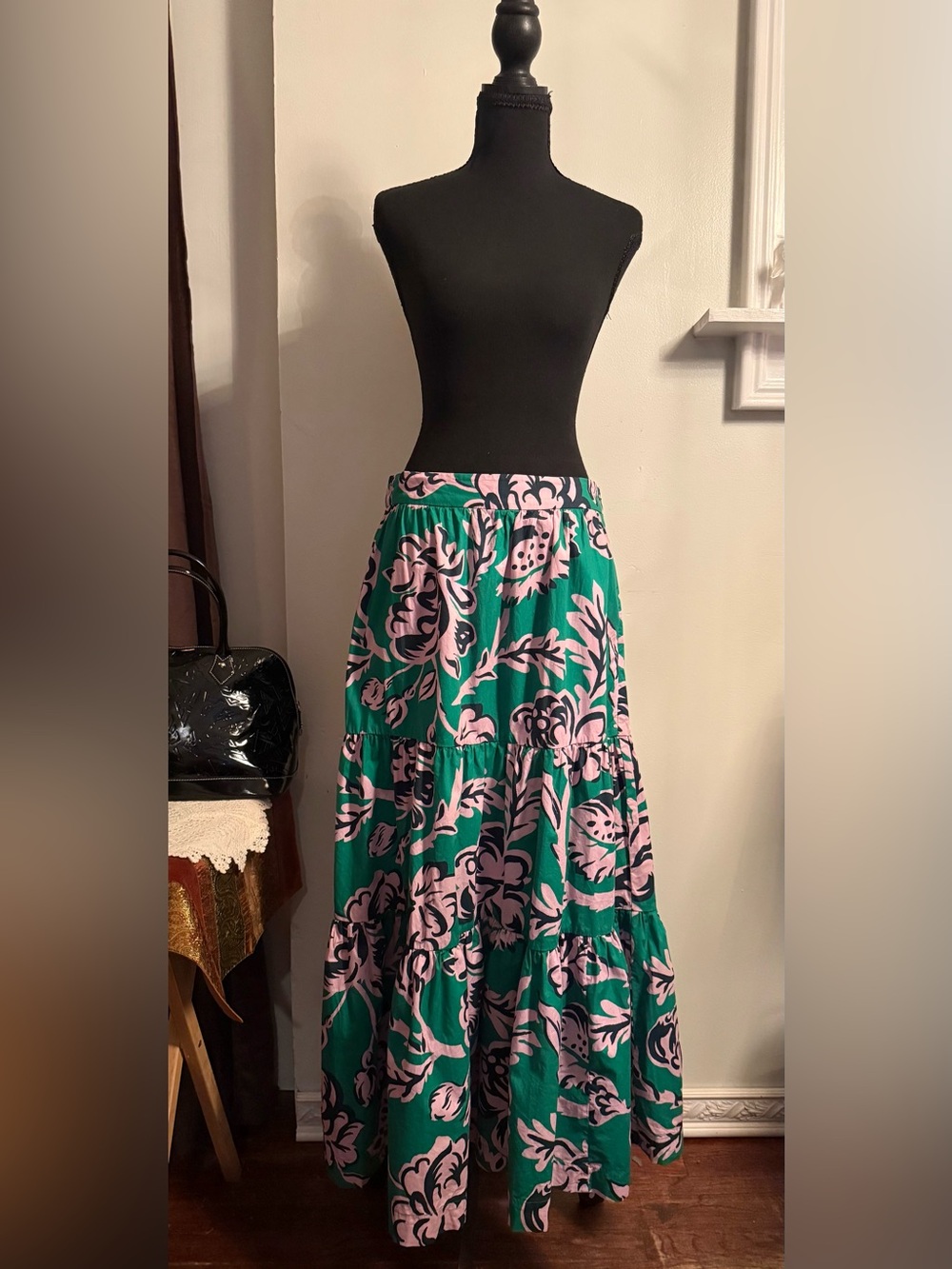 Boden Teal Maxi Skirt with Pink Floral Print